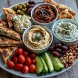 The Mediterranean Brunch Board features artfully arranged pita strips, mixed nuts, and fresh herbs next to vibrant dips and garnishes.
