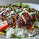 Close-up of the Blackened Chicken Bowl featuring vibrant veggies, cilantro garnish, and zesty lime wedges.