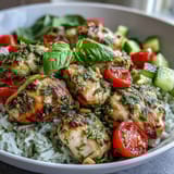 A close-up of a Pesto Chicken Bowl featuring tender chicken pieces, creamy avocado, and toasted pine nuts.