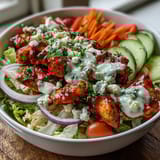Spicy Buffalo Chicken Bowl served over warm rice and crunchy vegetables, drizzled with tangy ranch and blue cheese crumbles.