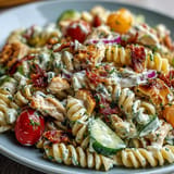 Golden rotini pasta salad layered with chicken, bacon, and ranch dressing.