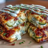 Golden Pickle Pizza with Ranch Drizzle, bubbling cheese, tangy pickles, creamy sauce.