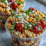 Individual Tomato Corn Pasta Salad Cups layered with colorful vegetables and tangy dressing.