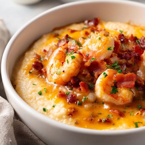 Shrimp and Grits served in a white bowl, garnished with fresh parsley, lemon, and crispy bacon bits for a vibrant brunch.