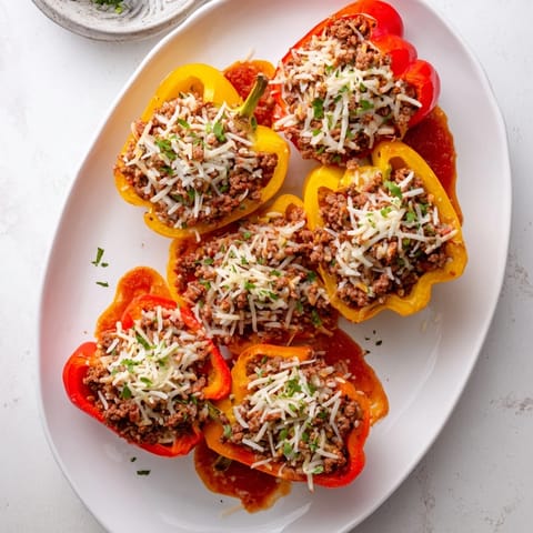 Hearty Mediterranean Stuffed Bell Peppers served hot on a plate with melty cheese topping and fresh parsley garnish.
