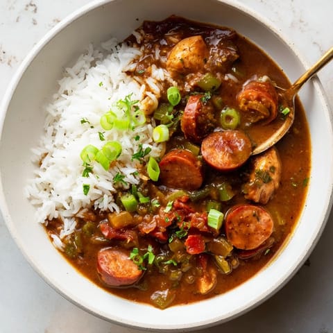 A warm bowl of Louisiana Gumbo, rich with andouille sausage and shrimp, served over fluffy white rice and garnished with fresh parsley.