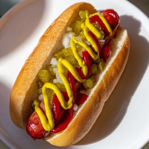 Golden brown frankfurters rest in soft buns, garnished with tangy relish and chopped onions on a picnic table.