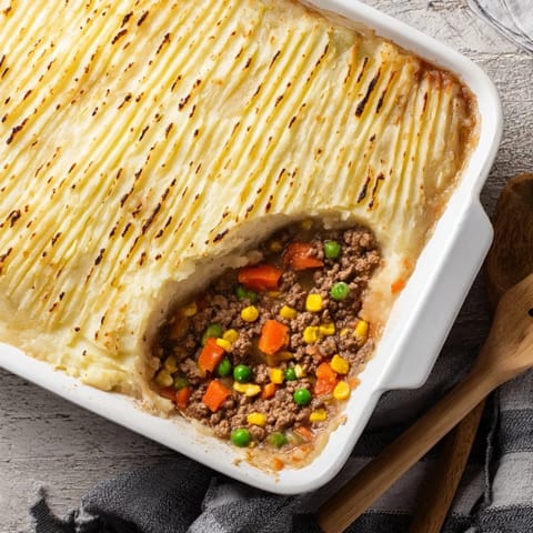 Golden brown Shepherd's Pie with ridged mashed potatoes, bubbling meat filling, and vibrant peas and corn peeking through.