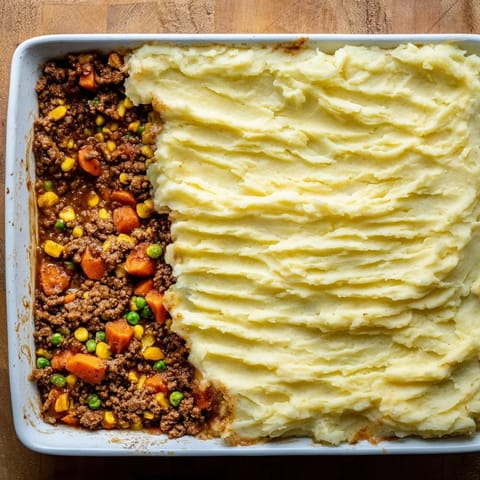 A rustic Shepherd's Pie served in a white dish, steam rising from the cheesy potato topping and savory beef mixture.