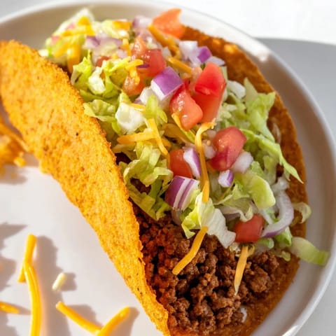 Golden crunchy taco shells stuffed with savory ground beef, diced tomatoes, melty cheese, and zesty salsa for a classic bite. 