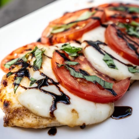 A bubbling Caprese Chicken Skillet fresh from the oven, featuring a rich balsamic glaze drizzled over the melted cheese.