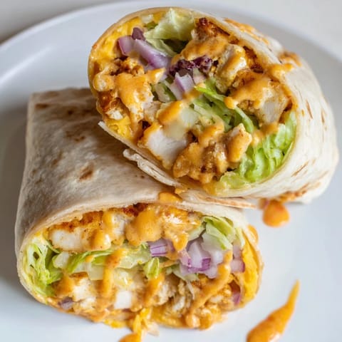Golden-brown Buffalo Ranch Chicken Wrap sliced in half, revealing layers of shredded buffalo chicken, crisp romaine, and melted cheddar cheese.  