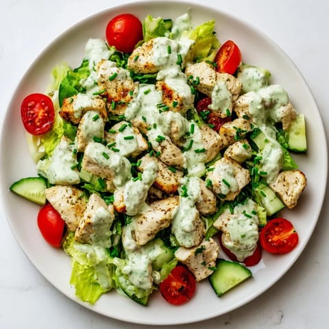 Tender grilled chicken chunks tossed in avocado ranch and topped with fresh veggies, herbs, and lime on a wooden serving board.