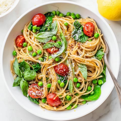 Fresh spring veggies like peas and spinach simmer with spaghetti in a savory broth, topped with Parmesan and basil in this one-pot dish.