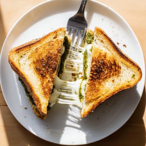 Close-up of a Sourdough Pesto Grilled Cheese sandwich on a plate, featuring vibrant basil pesto and gooey mozzarella and fontina.