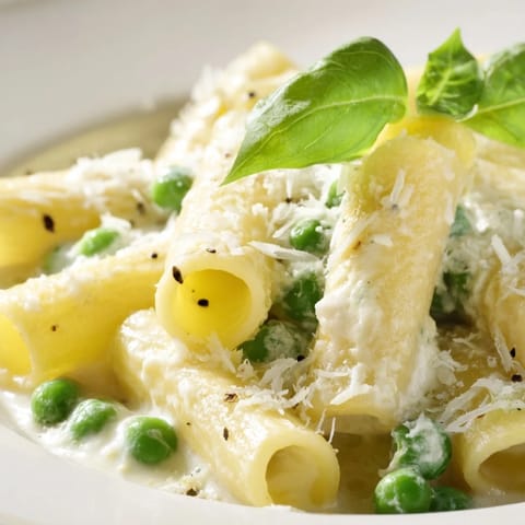 Bright green peas and creamy ricotta mixture coat al dente rigatoni in this vibrant Pea & Lemon Ricotta Pasta, garnished with fresh basil.