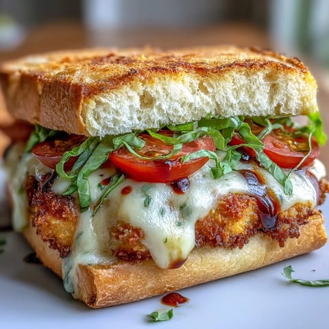 Golden crispy chicken caprese sandwich, layered with fresh basil, mozzarella, and tomato.