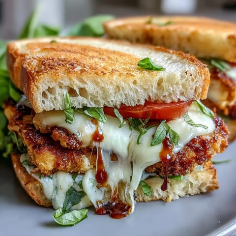 A delicious crispy chicken caprese sandwich packed with vibrant Italian flavors and melted cheese.