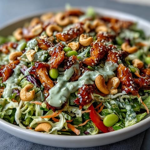 A tossed Edamame Crunch Chicken Salad topped with roasted cashews and green onions, served in a white ceramic bowl for a light lunch.