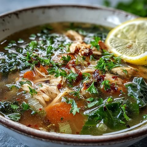 Bright yellow turmeric broth swirls with lemon zest in this nourishing High Protein Lemon and Turmeric Chicken Soup.