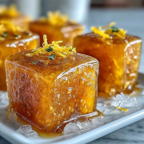 Bright yellow Lemon Ginger Turmeric Wellness Cubes arranged in a glass tray, glistening with a hint of condensation, ready to be popped into warm water or smoothies.