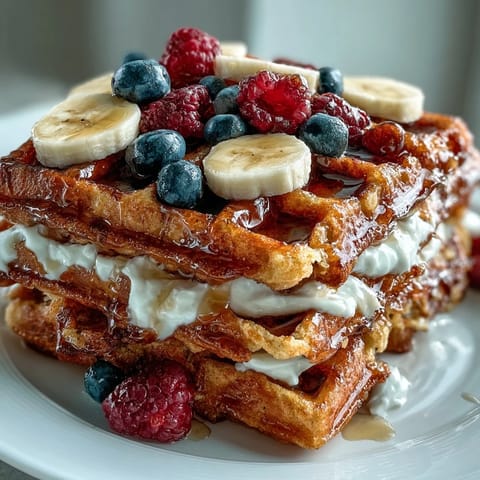 Fluffy, golden anti-inflammatory adaptogenic turmeric waffles served warm with fresh berries and a drizzle of maple syrup.  