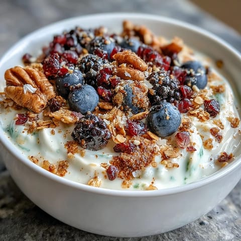 Creamy yogurt bowl with winter berries and spiced crunch, topped with toasted oats, nuts, and warm cinnamon. 