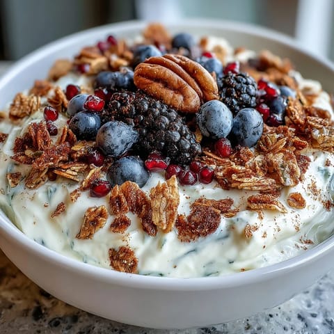 A vibrant Yogurt Bowl with Winter Berries and Spiced Crunch, featuring jewel-toned berries and golden crunchy oat clusters. 