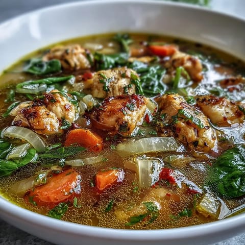 Hearty turmeric chicken soup simmering in a pot, with steam rising and fresh ginger and spinach visible among the aromatic ingredients.  