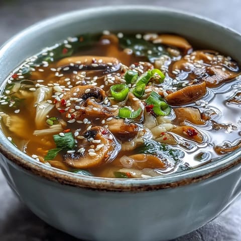 A close-up of ginger-miso winter soup in a white ceramic bowl, showing thin slices of ginger, napa cabbage, and shiitake mushrooms glistening in the savory broth.