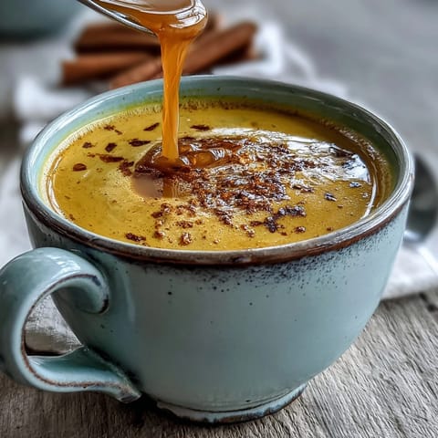 A warm mug of Turmeric and Ginger Golden Milk, garnished with a cinnamon stick and ready to sip.
