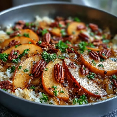 Golden apple slices and tangy sauerkraut sizzle together in this warm skillet salad, garnished with fresh parsley.  