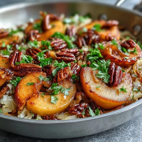 Hearty warm apple and sauerkraut skillet salad served warm, featuring caramelized onions and a sprinkle of toasted nuts.  
