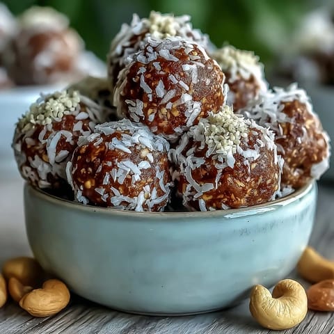 Freshly rolled Ginger Turmeric Energy Balls coated in shredded coconut, glistening on a rustic wooden board.