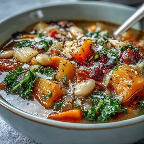 A rustic spoon dips into Winter Minestrone Soup, revealing colorful vegetables and pasta in a rich vegetable broth.