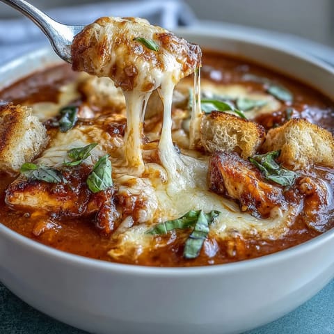 Grilled Chicken Parmesan Soup simmers in a pot with diced carrots, celery, and crushed tomatoes.