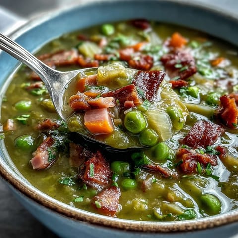 A hearty bowl of Split Pea and Ham Soup with diced carrots and tender ham, ready to serve.