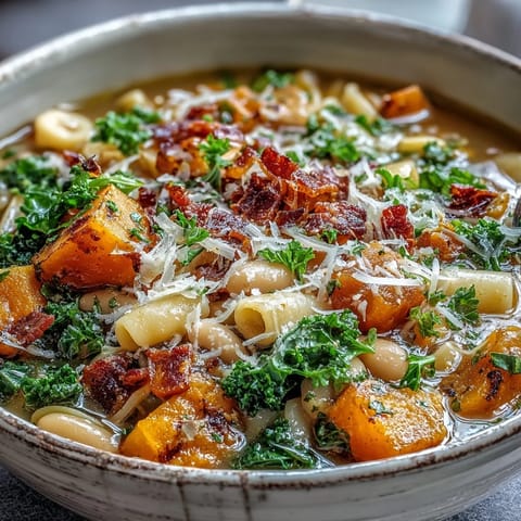 A steaming ladle of Fall Minestrone reveals chunks of kale, pancetta, and colorful autumn vegetables in rich broth.