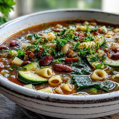 A ladle of homemade Minestrone Soup overflows with tomatoes, zucchini, and aromatic herbs.