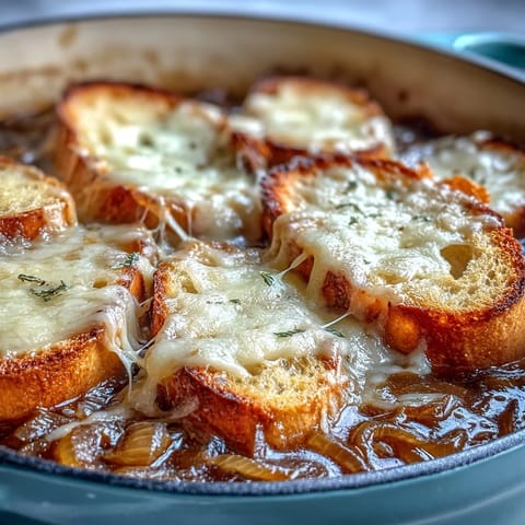 A close-up of deep brown onions simmering in a Dutch Oven French Onion Soup. 