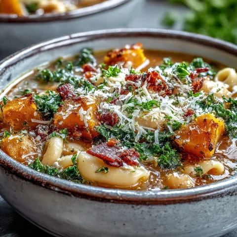 Close-up of Fall Minestrone in a rustic bowl, featuring ditalini pasta, creamy white beans, and tender butternut squash.