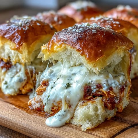 Golden brown Pizza Dip Sliders with bubbly melted mozzarella and cheddar cheese on soft Hawaiian rolls.