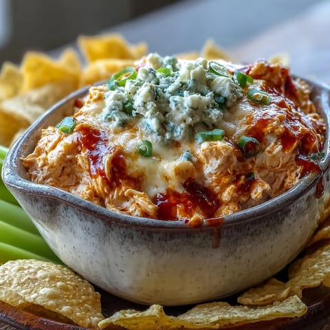 Creamy Crock Pot Buffalo Chicken Dip bubbling in a slow cooker, topped with melted cheese and fresh scallions for a spicy, game-day appetizer.