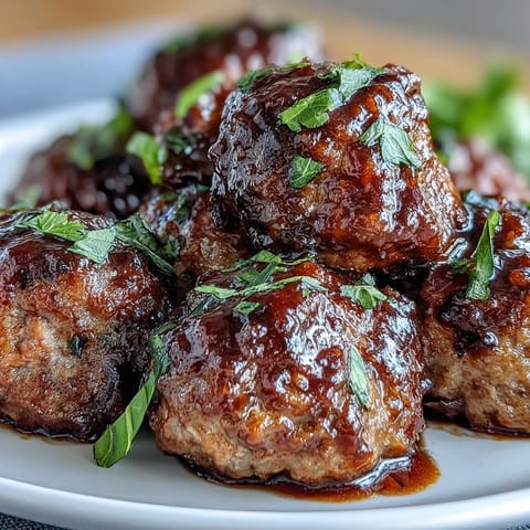 Slow cooker meatballs glisten in a sweet and tangy peach glaze, served over fluffy white rice.