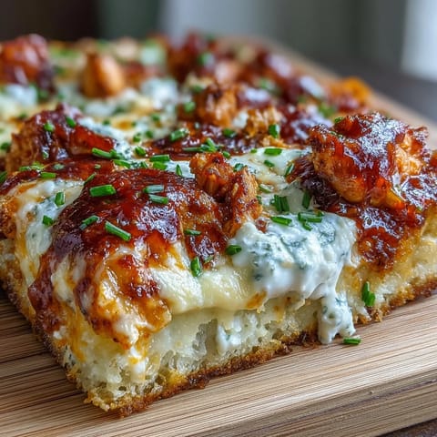 Buffalo Chicken Pizza topped with shredded chicken, ranch dressing, and blue cheese crumbles, served on a rustic cutting board.
