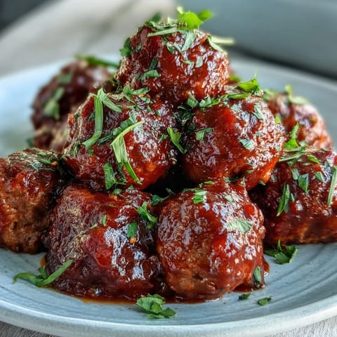 Glazed Easy Sweet and Sour Crock Pot Meatballs in a rich sauce, garnished with sesame seeds and chopped green onions.