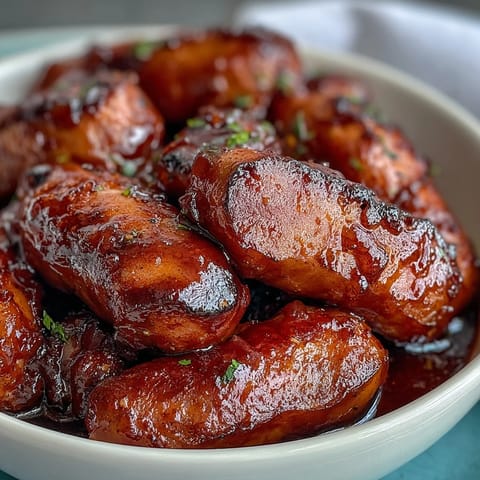 Slow-cooked Crock Pot BBQ Cocktail Sausages in a sweet apricot barbecue sauce, served warm with toothpicks for an easy appetizer.