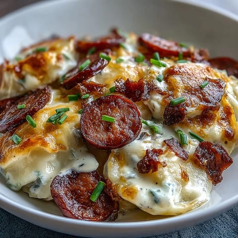 Golden Crockpot Pierogi Casserole With Kielbasa bubbling with melted cheddar cheese and served with a dollop of sour cream.