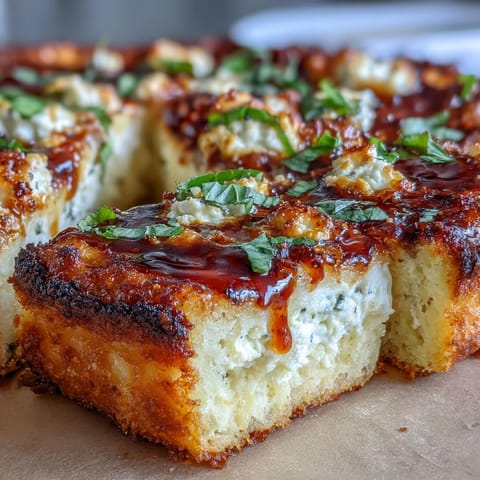 A slice of Hot Honey Ricotta Pizza lifted to show melted mozzarella and ricotta, with warm spicy honey and fresh basil garnish.