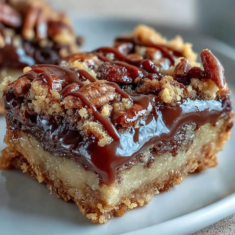 Golden-brown Decadent Sweet and Chewy Turtle Bars with melted chocolate and caramel swirls on a marble board.  